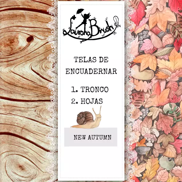 portada con telas de otoño con madera y con hojas secas