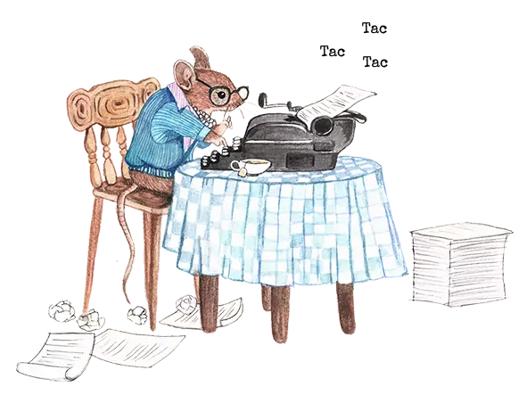 ratona con gafas sentada a la mesa escribiendo en una máquina de escribir
